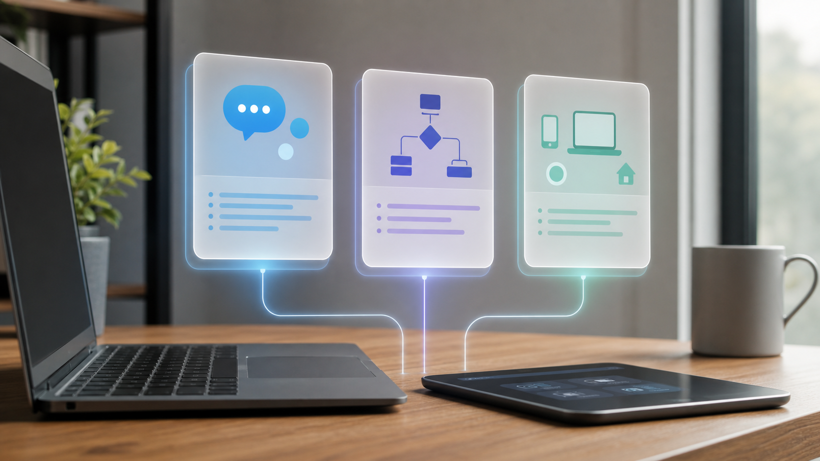 Three abstract assistant panels representing different AI workflows.