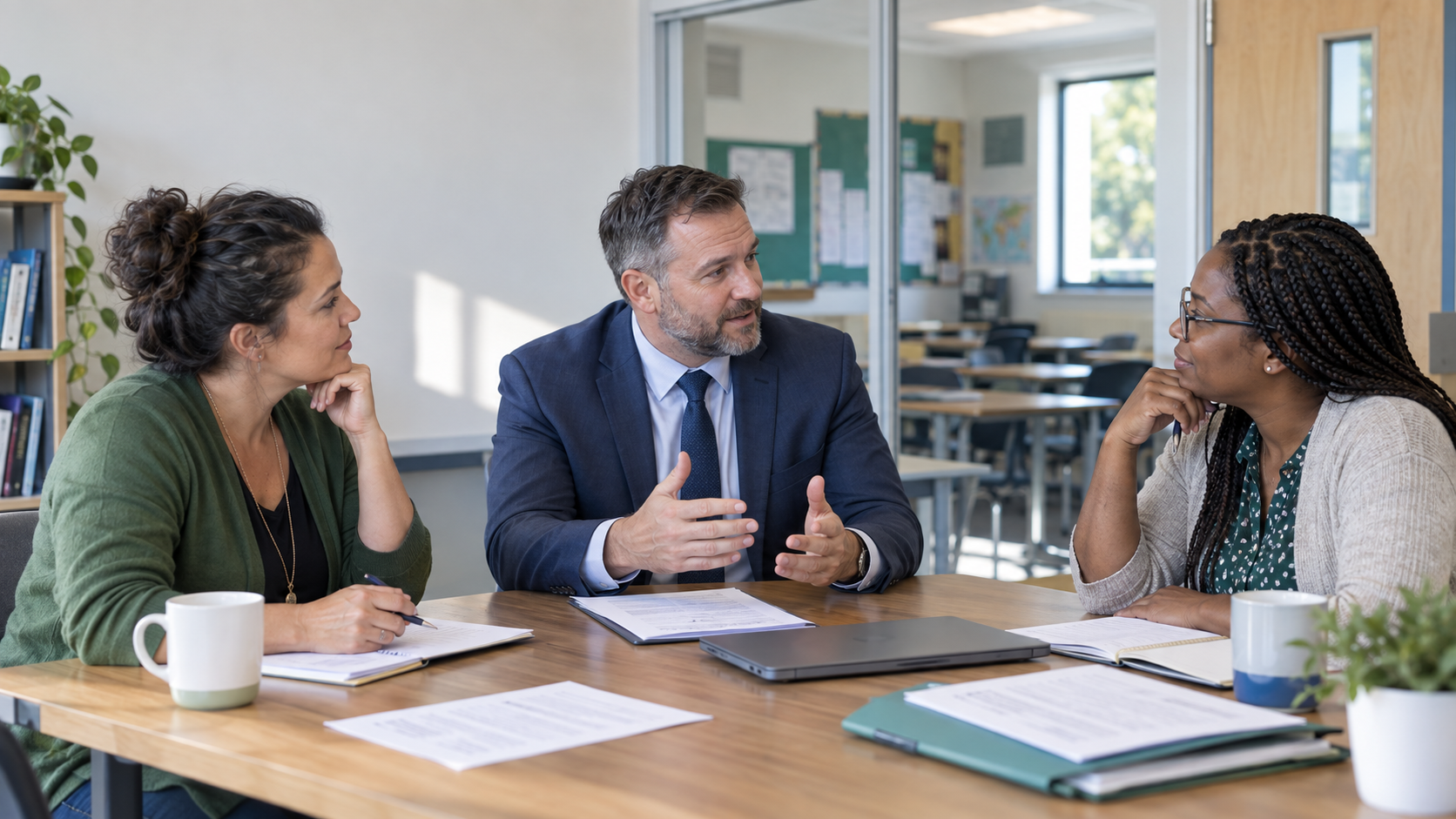 A school leadership team discussing AI governance and responsible technology decisions.