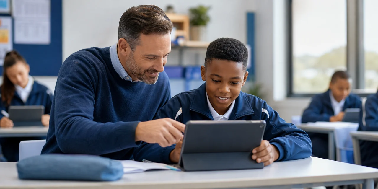 A teacher helping a learner use a tablet in a classroom.