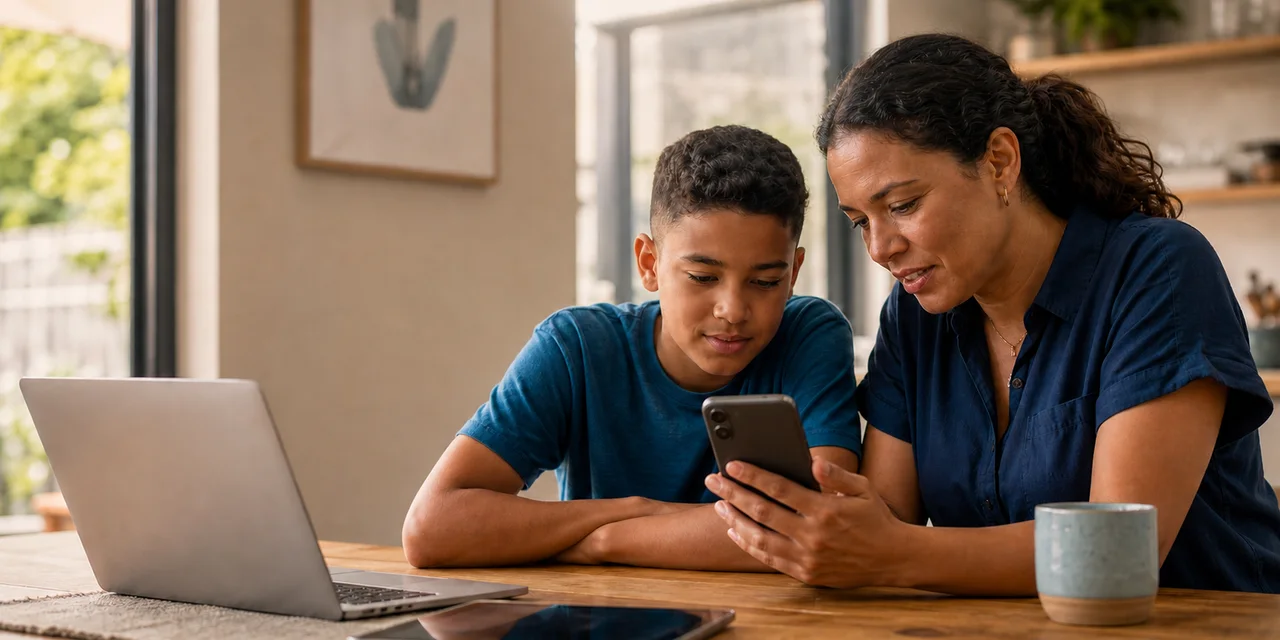 A parent and child reviewing a smartphone together at the kitchen table, with a laptop and tablet nearby.